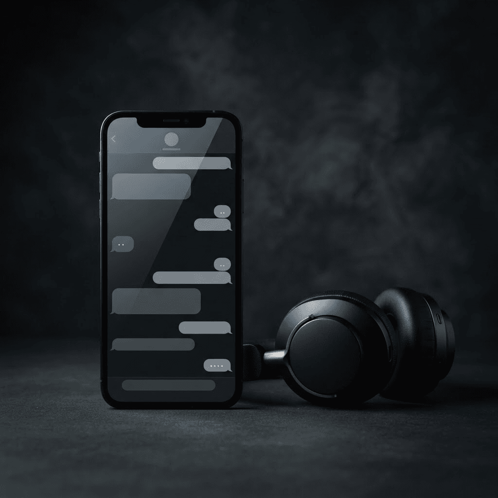 Celular com uma conversa de atendimento ao lado de um headset